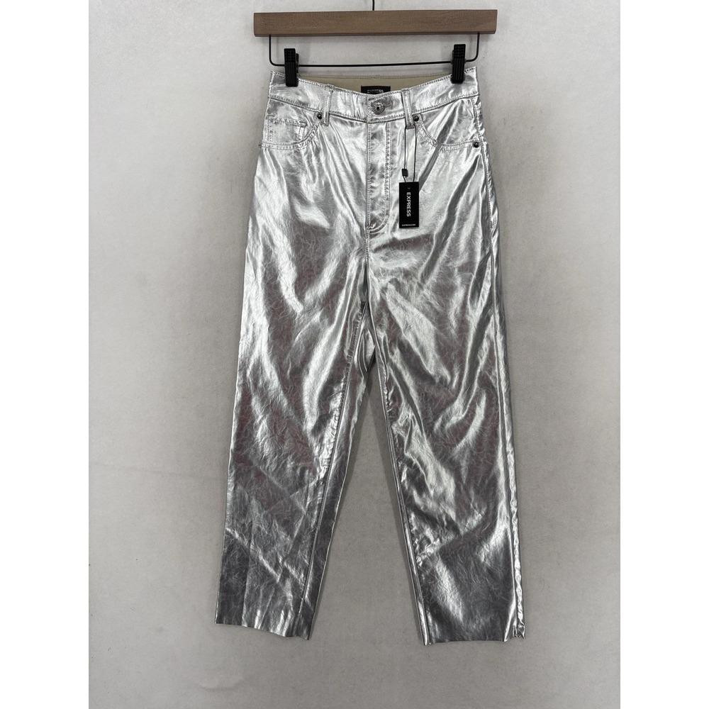 Express Straight Super High Rise Jeans Womens 00 Silver Metallic Coated Retro